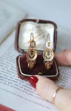 Boucles d'oreilles poissardes coeur et fleur émail sur or rose et jaune
