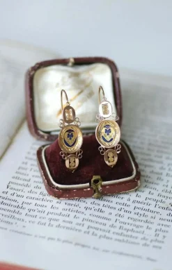 Boucles d'oreilles poissardes coeur et fleur émail sur or rose et jaune