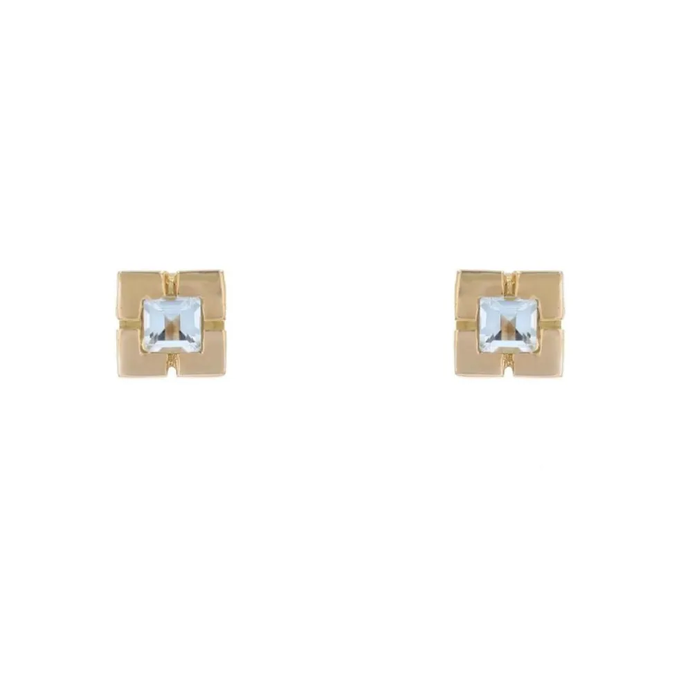 Boucles d'oreilles puces or jaune aigue-marine carrée