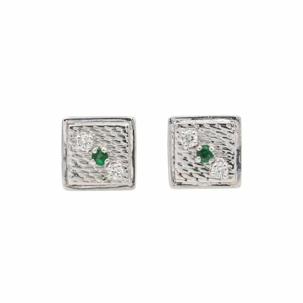 Boucles d'oreilles Puces Or blanc Emeraude, Diamant
