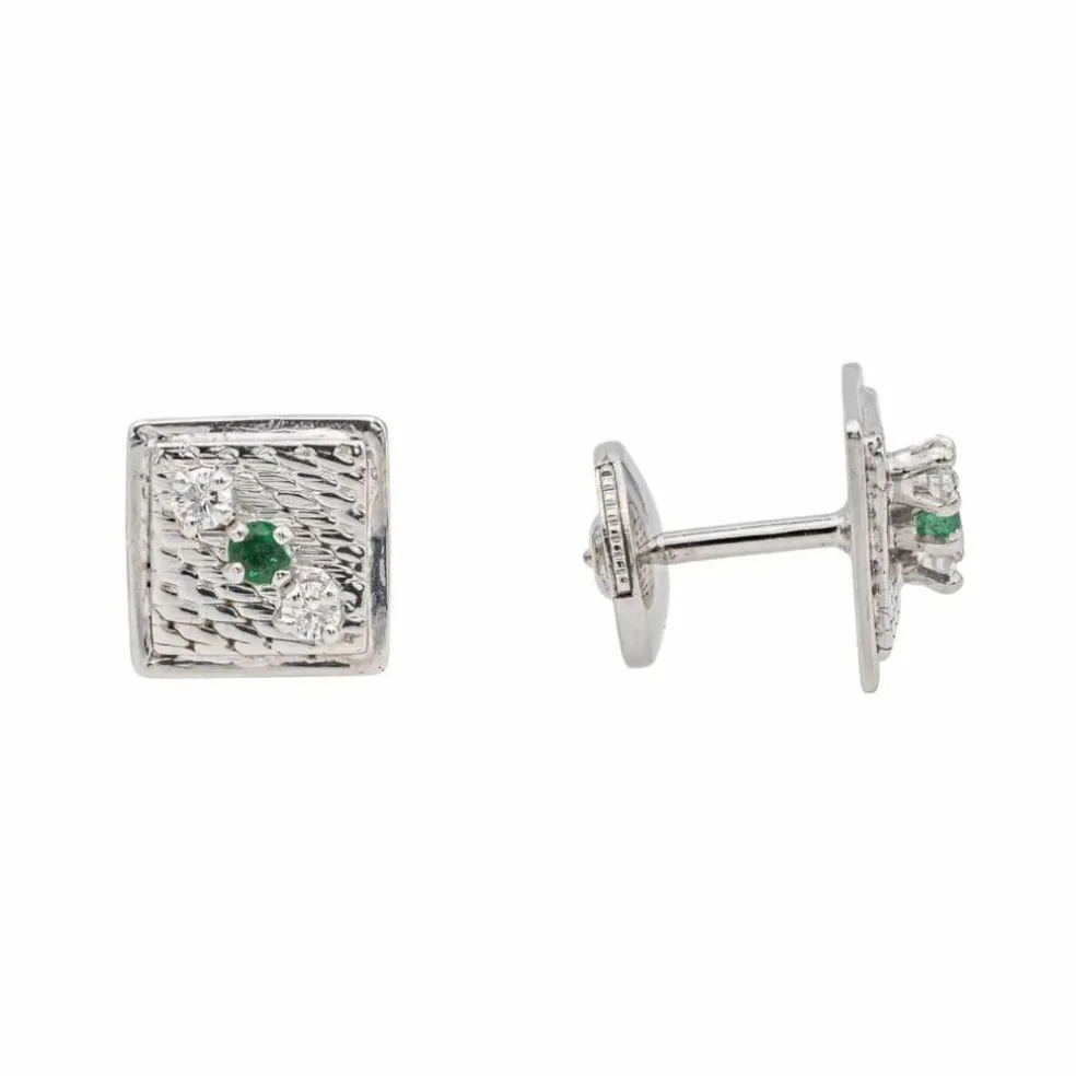 Boucles d'oreilles Puces Or blanc Emeraude, Diamant