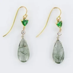 Boucles d'oreilles quartz à rutile grenats tsavorites et diamants