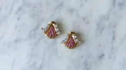 Boucles d'Oreilles Rétro Or Rose, rubis, et diamants