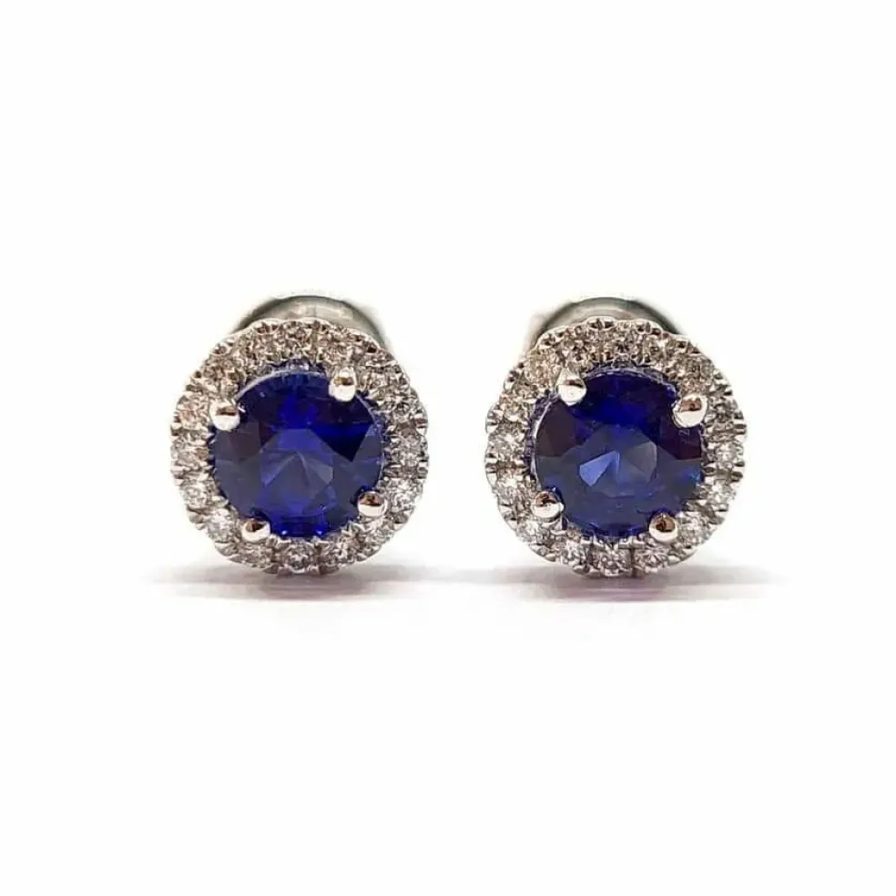Boucles d'oreilles saphirs ronds diamants or blanc