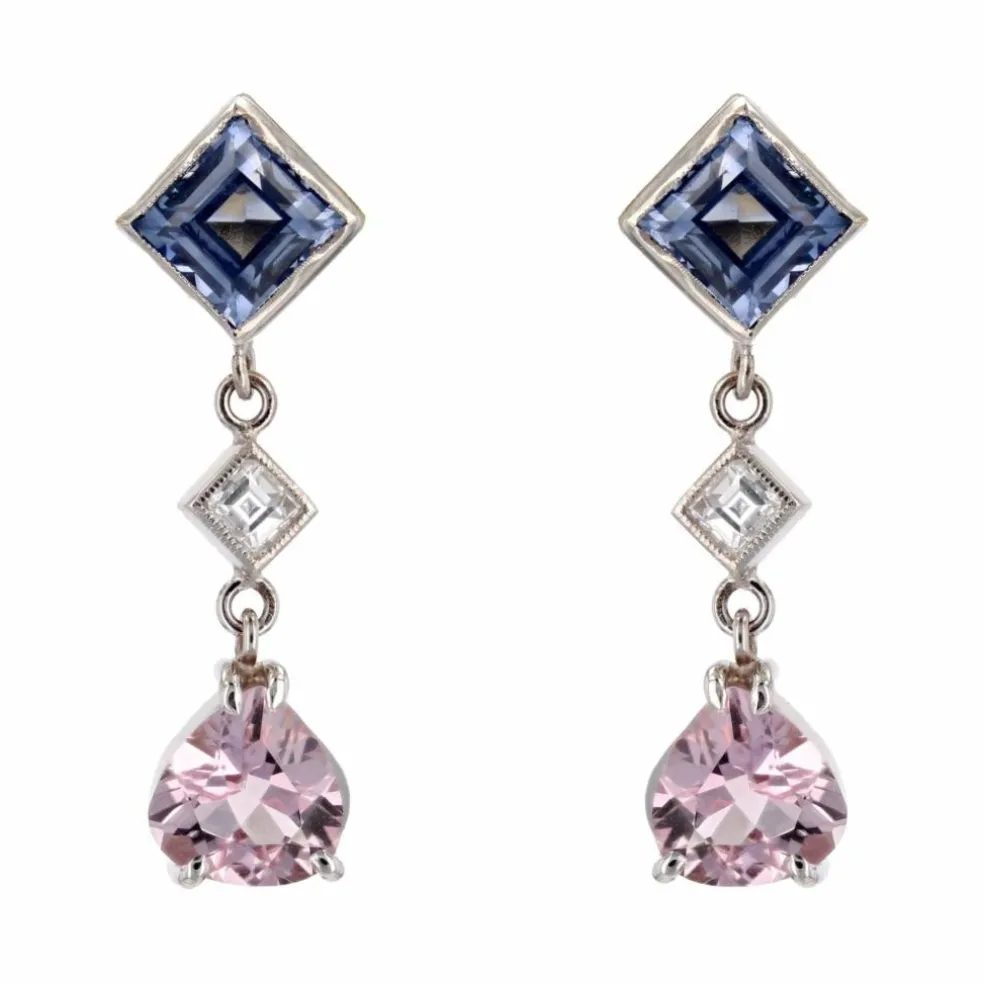 Boucles d'oreilles saphirs diamants et morganites