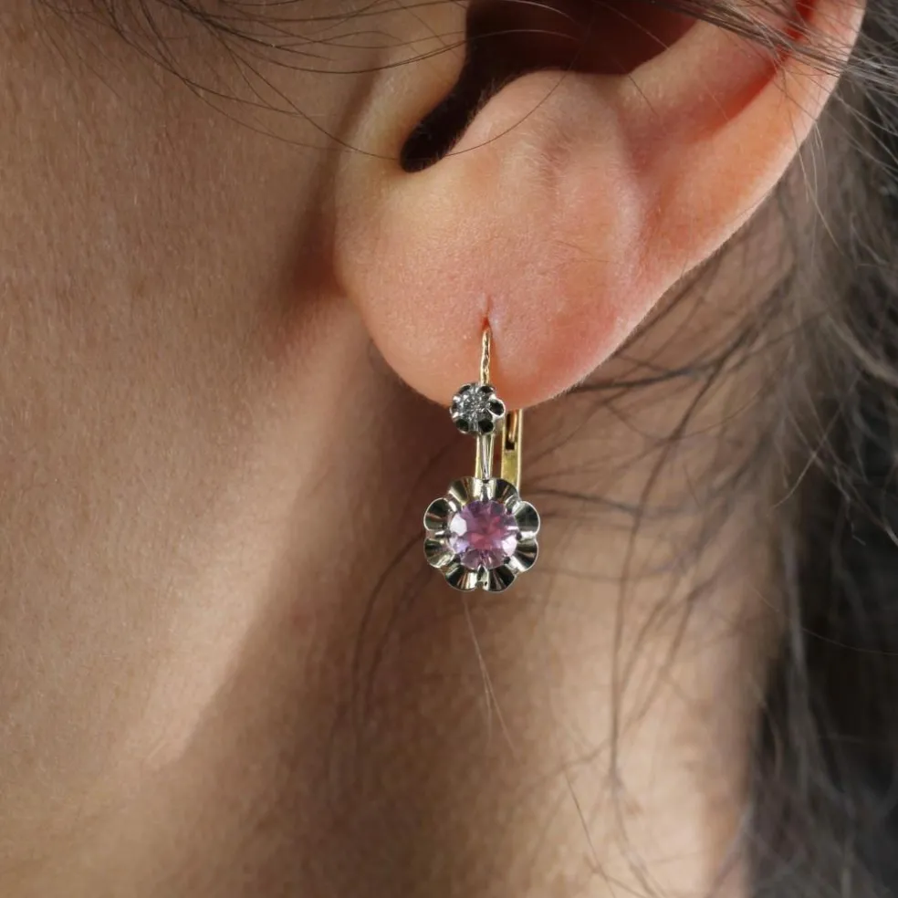 Boucles d'oreilles saphirs roses diamants dormeuses