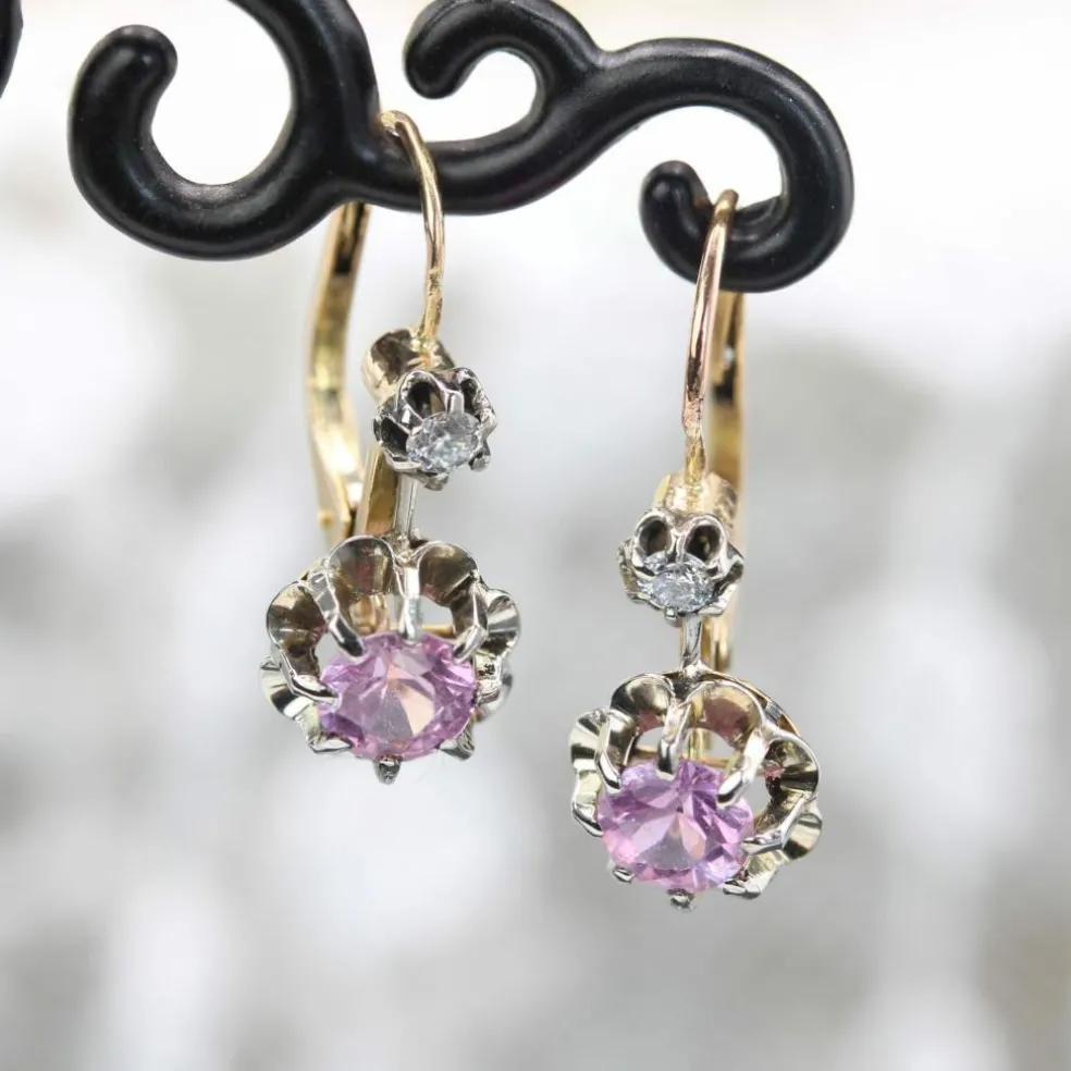Boucles d'oreilles saphirs roses diamants dormeuses
