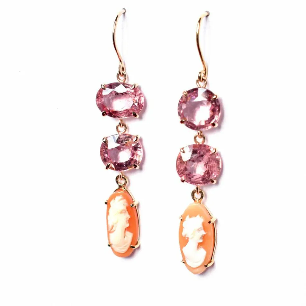 Boucles d'oreilles spinelles roses camées