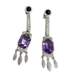 BOUCLES D'OREILLES STYLE ART DÉCO DIAMANTS ONYX AMÉTHYSTE