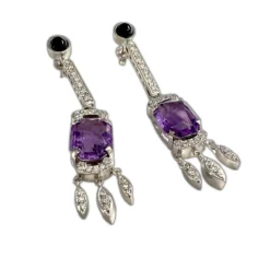 BOUCLES D'OREILLES STYLE ART DÉCO DIAMANTS ONYX AMÉTHYSTE