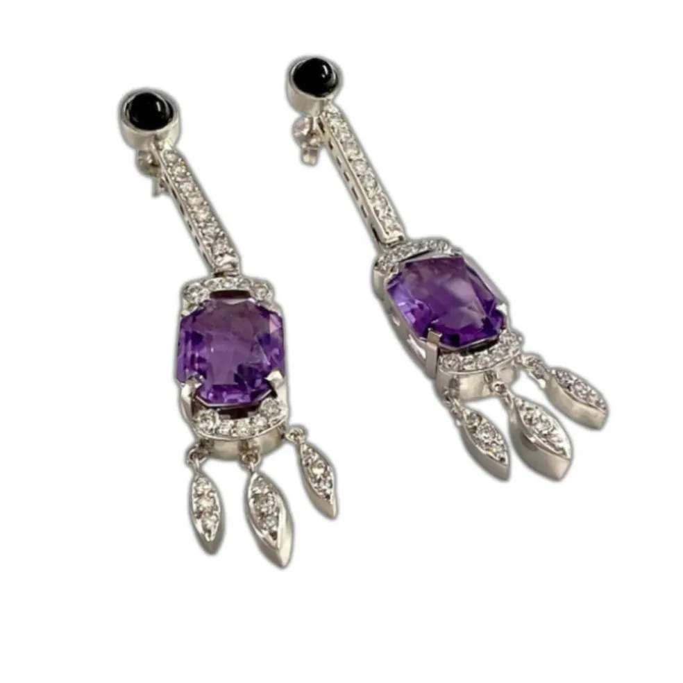 BOUCLES D'OREILLES STYLE ART DÉCO DIAMANTS ONYX AMÉTHYSTE