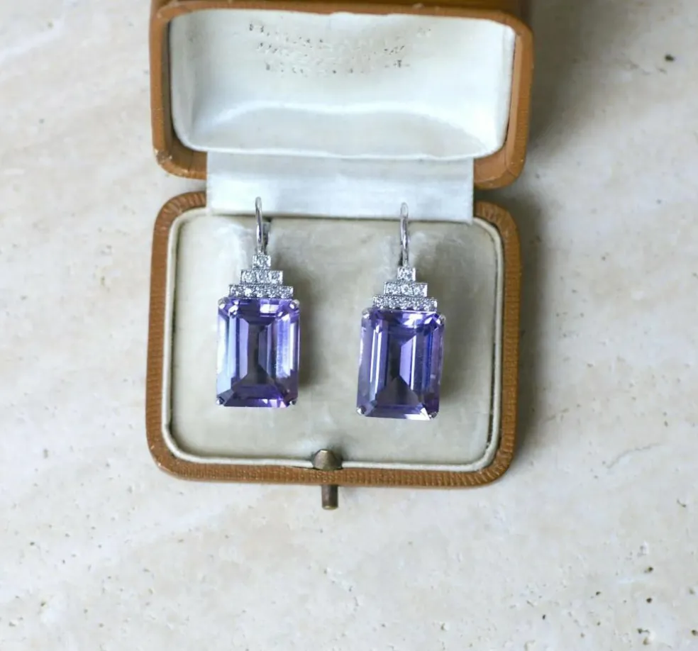 Boucles d'Oreilles Style Art Déco Améthyste et Diamant