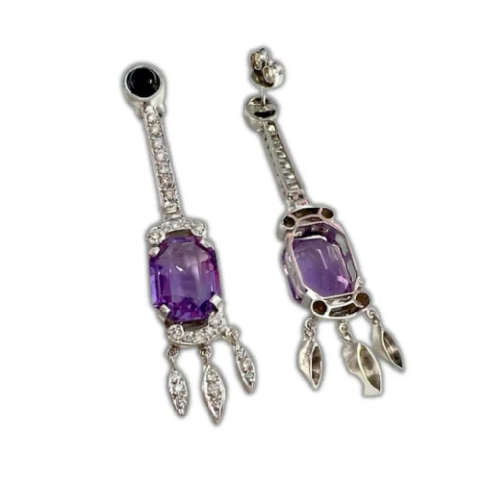 BOUCLES D'OREILLES STYLE ART DÉCO DIAMANTS ONYX AMÉTHYSTE