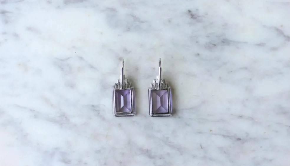 Boucles d'Oreilles Style Art Déco Améthyste et Diamant