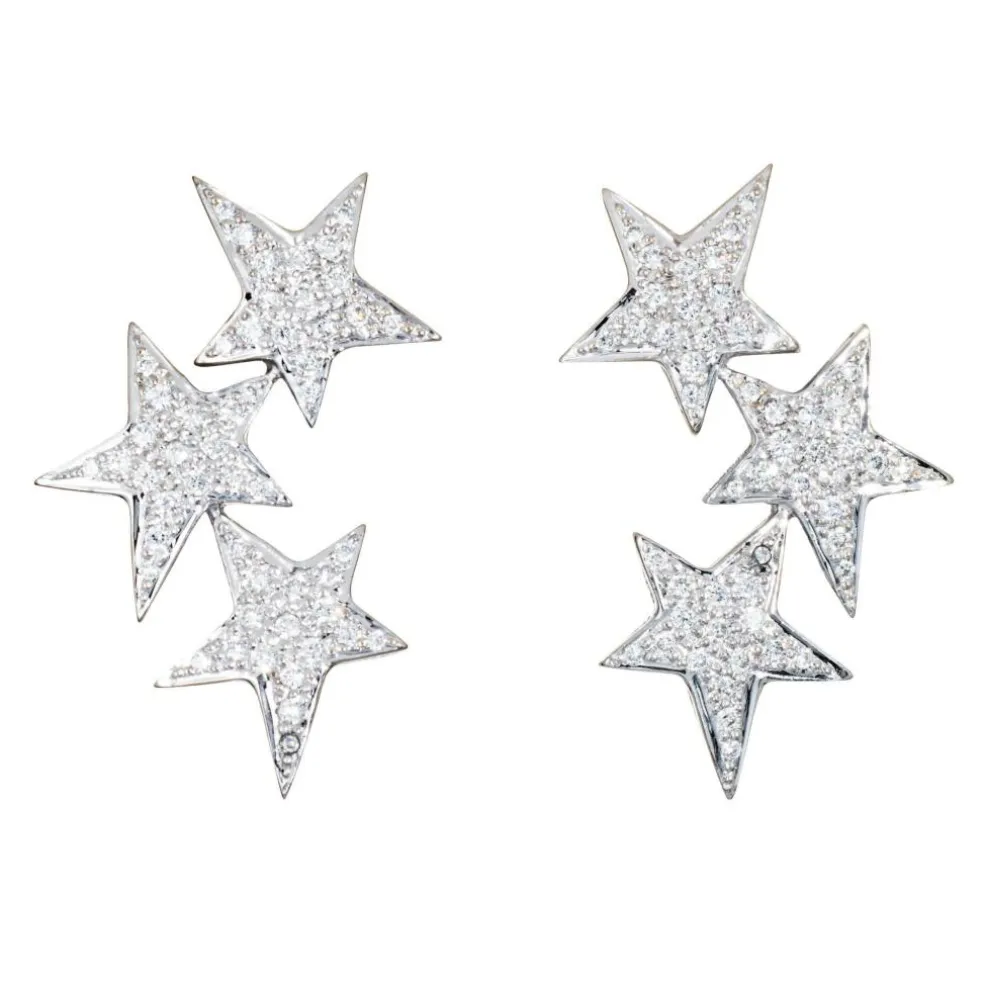 Boucles d'oreilles étoile en or blanc 18 carats, 3 niveaux, bijoux célestes raffinés