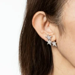 Boucles d'oreilles étoile en or blanc 18 carats, 3 niveaux, bijoux célestes raffinés