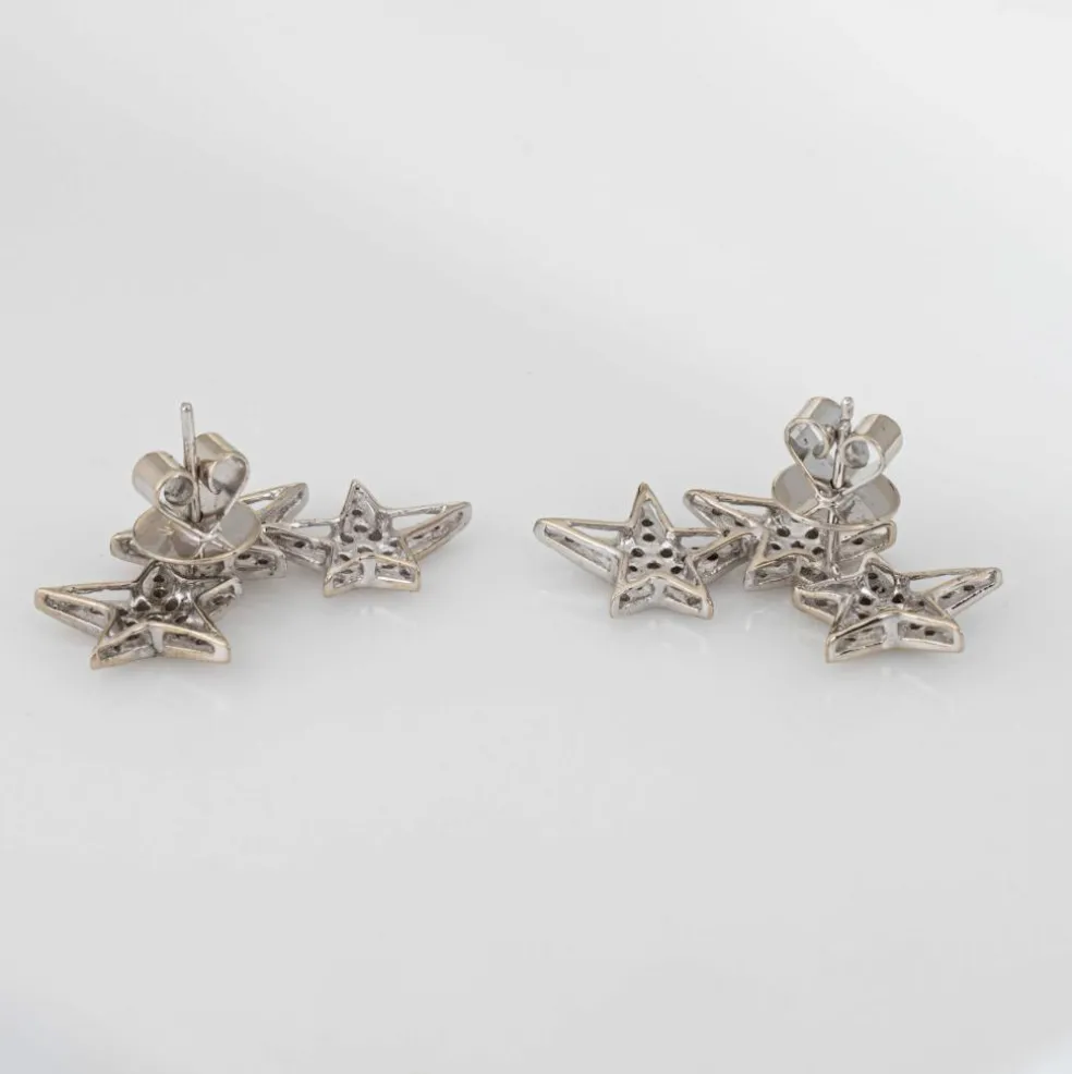 Boucles d'oreilles étoile en or blanc 18 carats, 3 niveaux, bijoux célestes raffinés