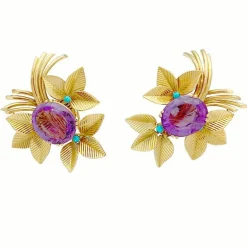 Boucles d'oreilles vintages, or jaune, améthystes, turquoises.