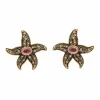Boucles d'Oreilles Vintage Etoiles de Mer Tourmaline Diamants Email Or Jaune 18 Carats