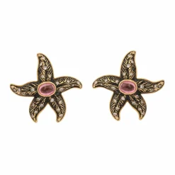 Boucles d'Oreilles Vintage Etoiles de Mer Tourmaline Diamants Email Or Jaune 18 Carats