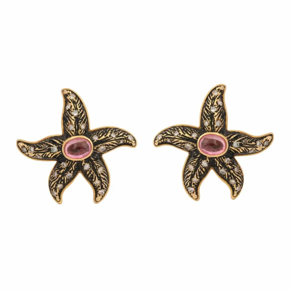 Boucles d'Oreilles Vintage Etoiles de Mer Tourmaline Diamants Email Or Jaune 18 Carats