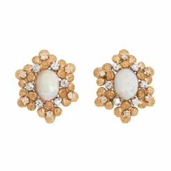 Boucles d'oreilles Vintage Opale Diamant Années 60 Or Jaune