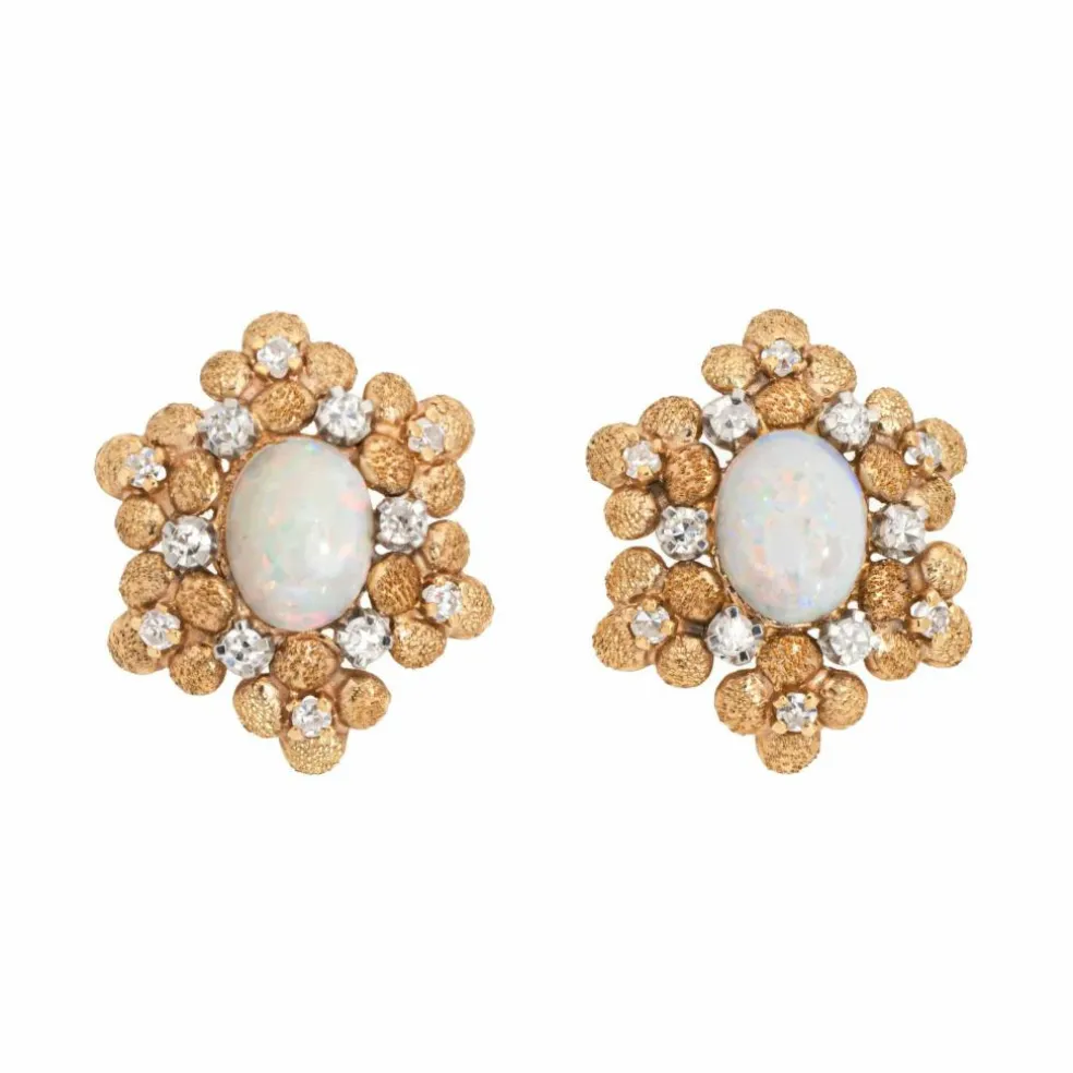 Boucles d'oreilles Vintage Opale Diamant Années 60 Or Jaune