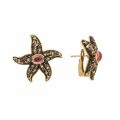 Boucles d'Oreilles Vintage Etoiles de Mer Tourmaline Diamants Email Or Jaune 18 Carats