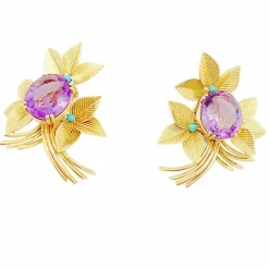 Boucles d'oreilles vintages, or jaune, améthystes, turquoises.