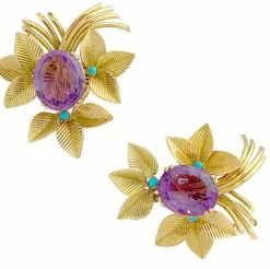 Boucles d'oreilles vintages, or jaune, améthystes, turquoises.