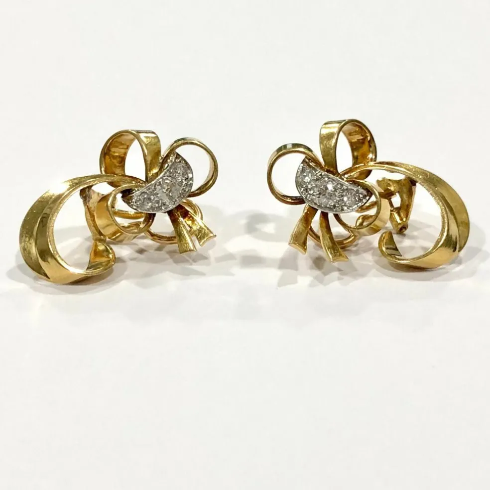 Boucles d'oreilles vintage noeuds or jaune et diamants