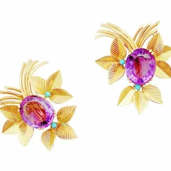Boucles d'oreilles vintages, or jaune, améthystes, turquoises.