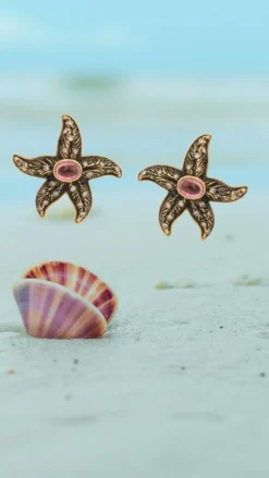 Boucles d'Oreilles Vintage Etoiles de Mer Tourmaline Diamants Email Or Jaune 18 Carats