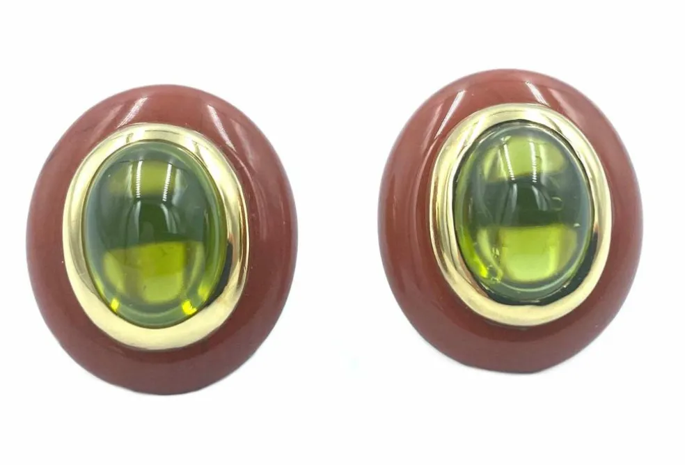 Boucles d’oreilles vintage or, jaspe et péridots