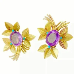 Boucles d'oreilles vintages, or jaune, améthystes, turquoises.