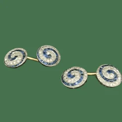 Boutons de manchette art déco en platine, saphir et diamant