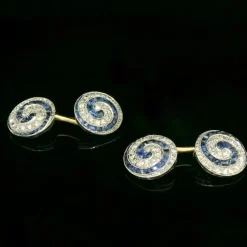Boutons de manchette art déco en platine, saphir et diamant