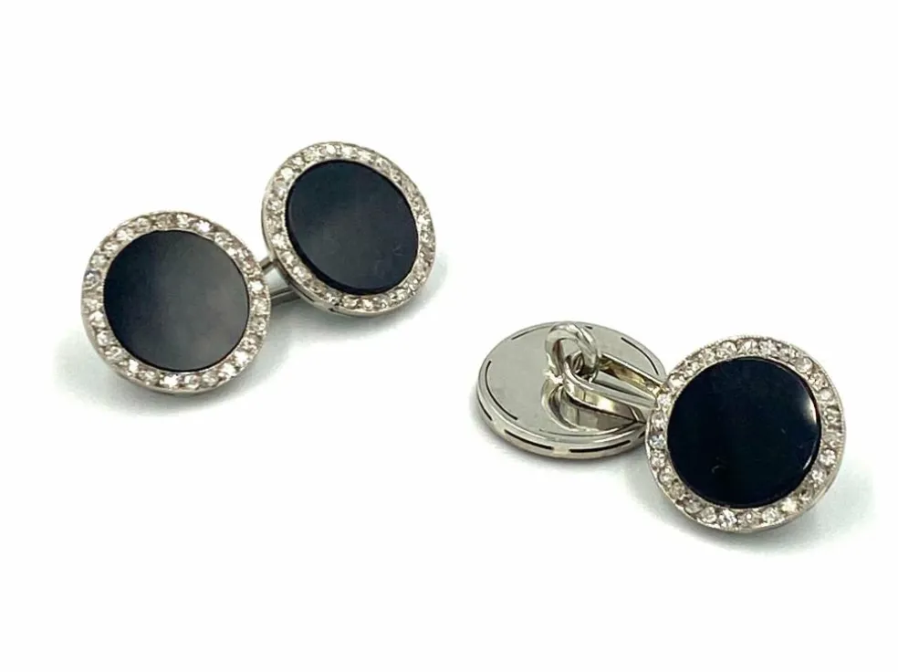 Boutons de manchette Art Déco, or blanc, onyx et diamants.