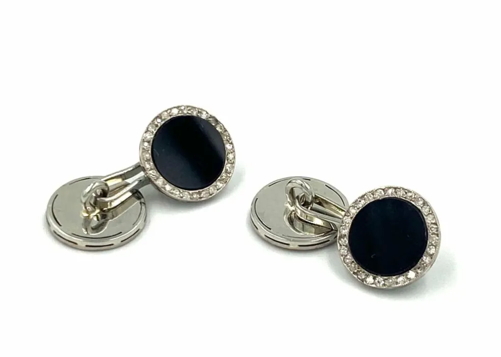 Boutons de manchette Art Déco, or blanc, onyx et diamants.