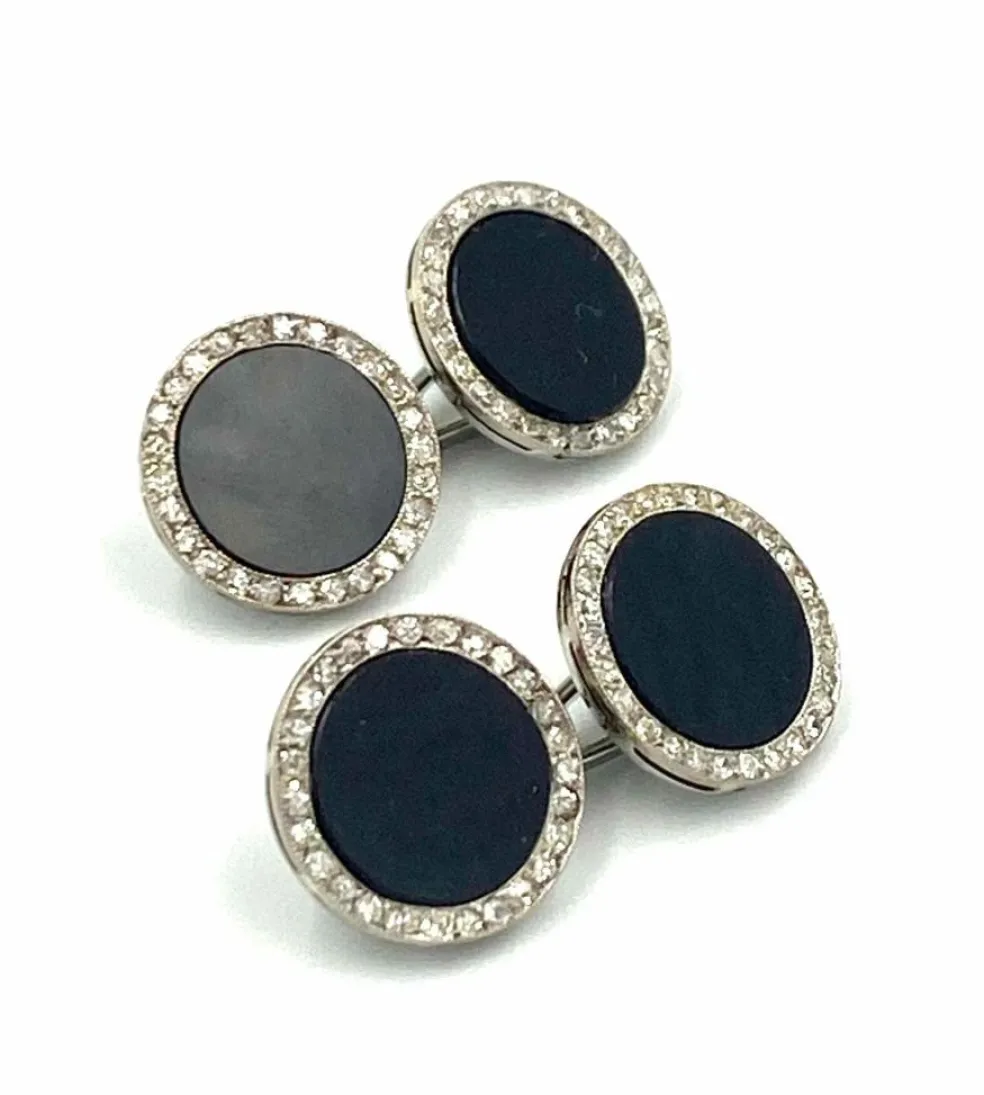 Boutons de manchette Art Déco, or blanc, onyx et diamants.