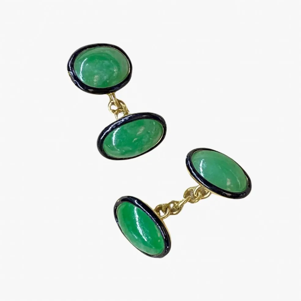 Boutons de manchette en jade impérial et émail noir, or jaune