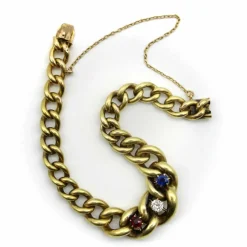 Bracelet à maille gourmette graduée édouardienne en or avec trois pierres