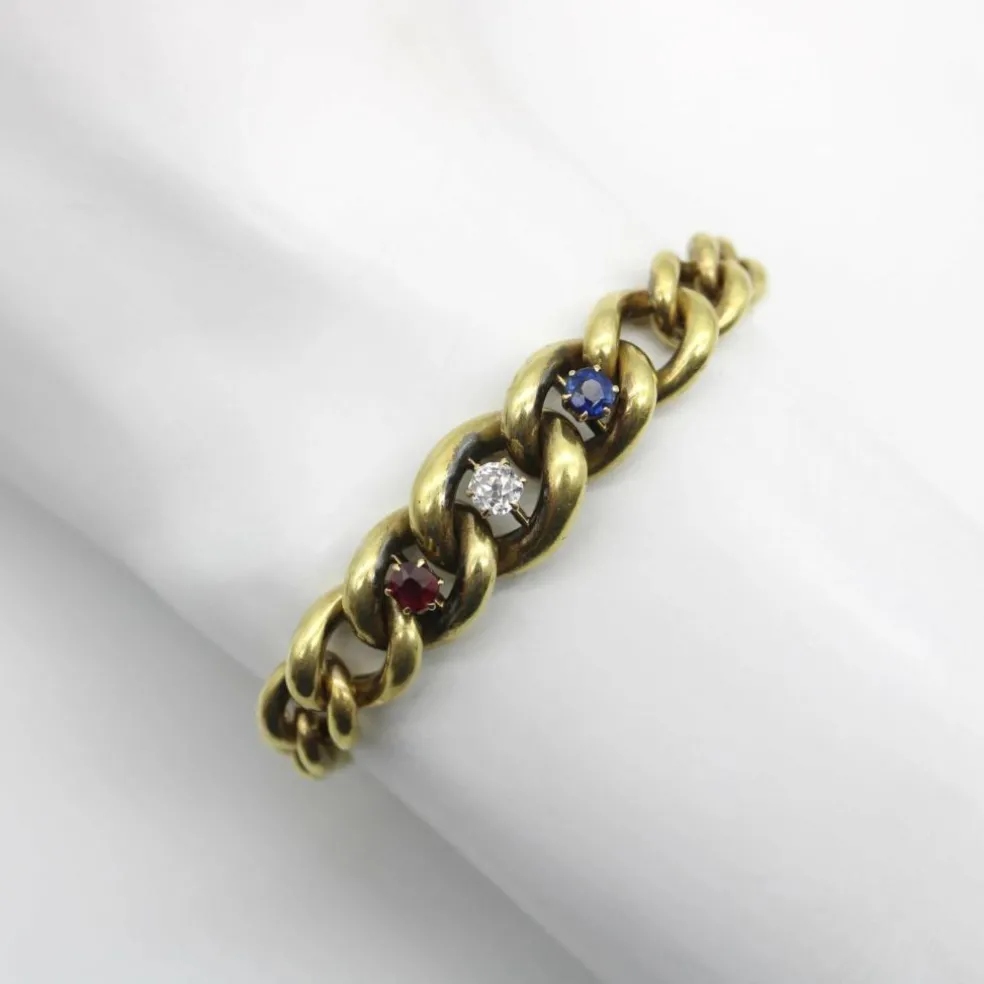 Bracelet à maille gourmette graduée édouardienne en or avec trois pierres