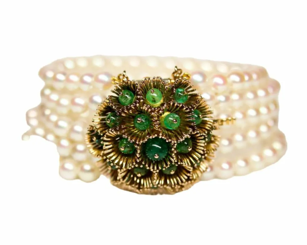Bracelet 5 Rangs Perles de culture et Perles d'Emeraude avec Fermoir broche