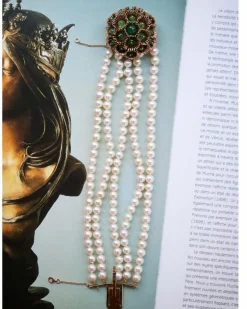 Bracelet 5 Rangs Perles de culture et Perles d'Emeraude avec Fermoir broche