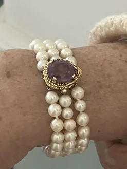 Bracelet 3 rangs Perles Fermoir Or Jaune Améthyste
