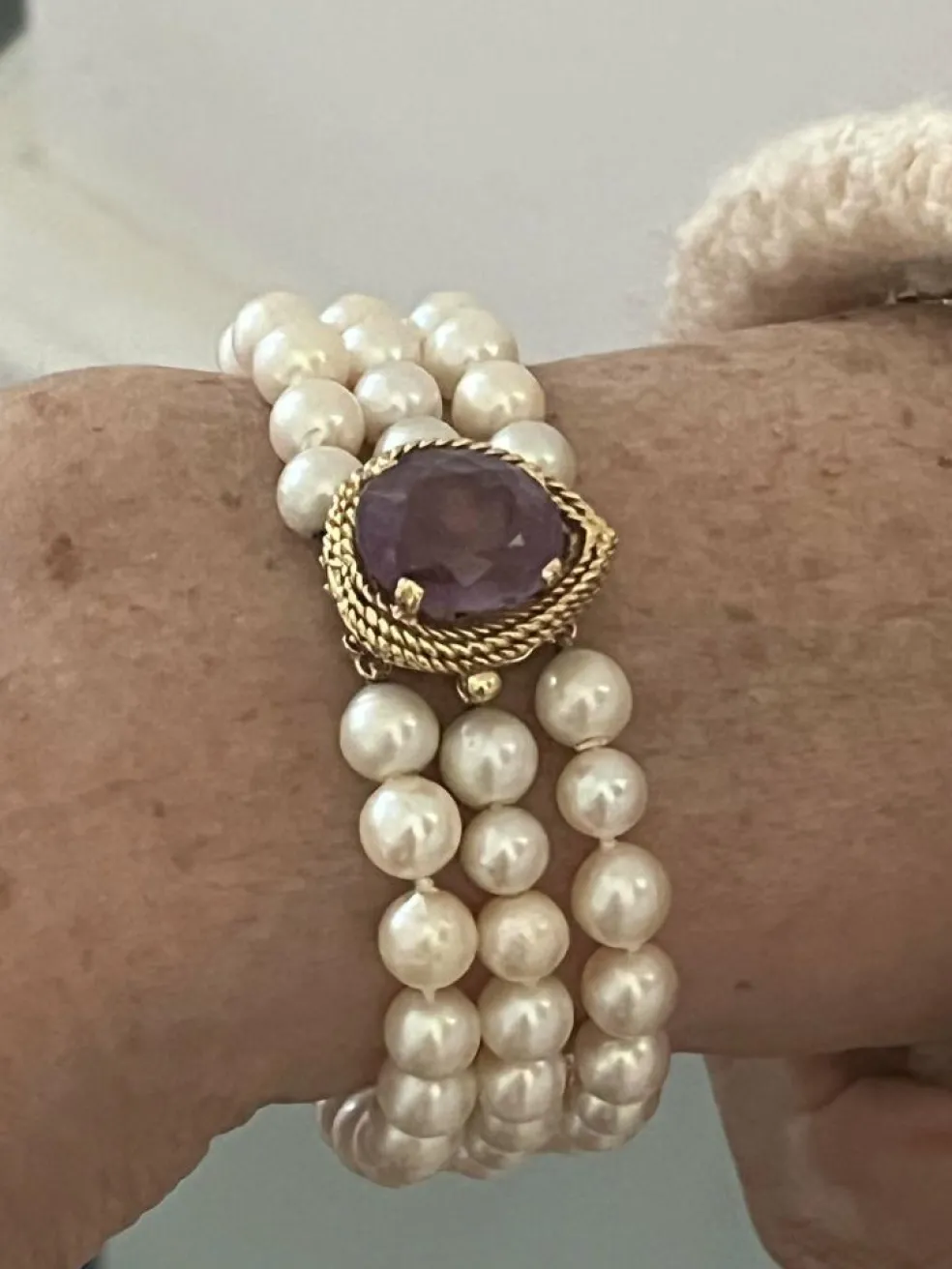 Bracelet 3 rangs Perles Fermoir Or Jaune Améthyste