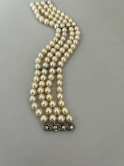 Bracelet 3 Rangs Perles Fermoir Or Gris Diamants