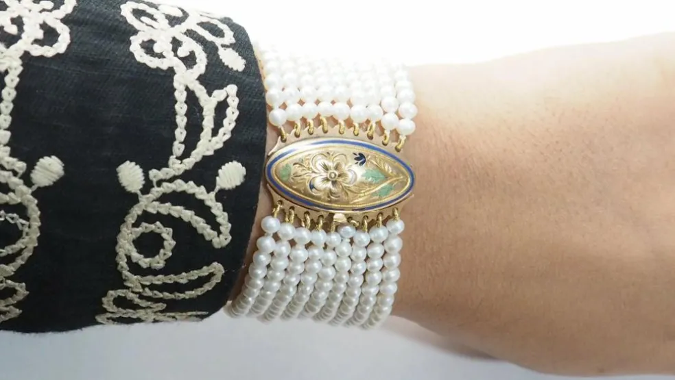 Bracelet Ancien 9 Rangs De Perles De Culture Et Or Jaune