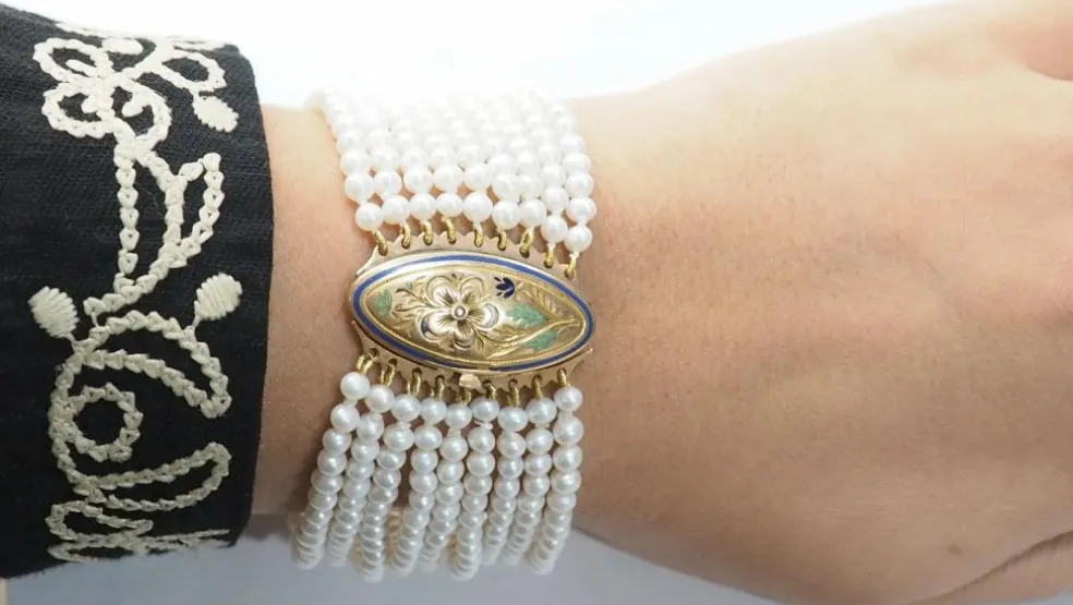 Bracelet Ancien 9 Rangs De Perles De Culture Et Or Jaune
